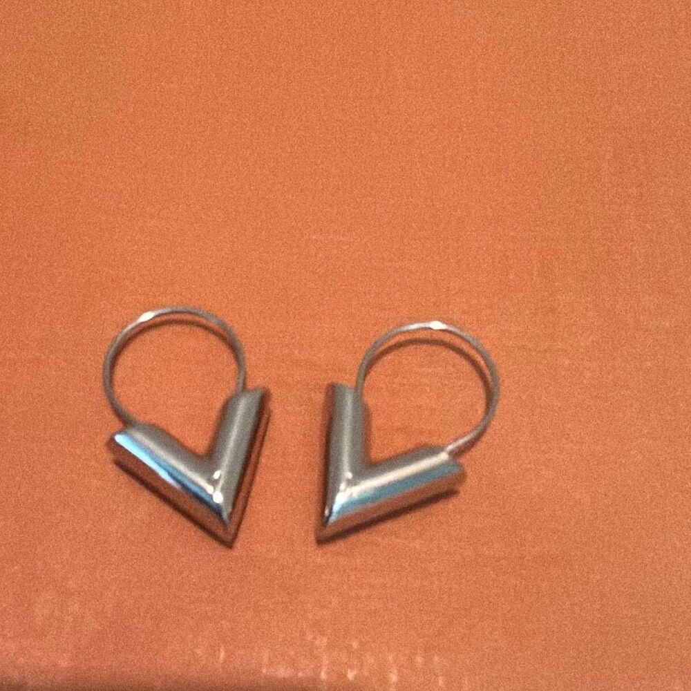 Louis Vuitton Silver Tone V-Drop Hoop Earrings Iconic Logo Luxury Glam